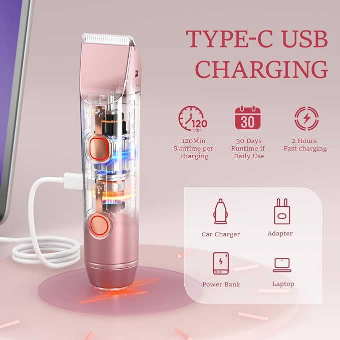 2 in 1 Bikini Trimmer for Women: Electric Razor & Shaver with Dual Heads for Body Pubic Hair - Rechargeable Lady Facial Trimmer for Underarm Leg Arm Body Face