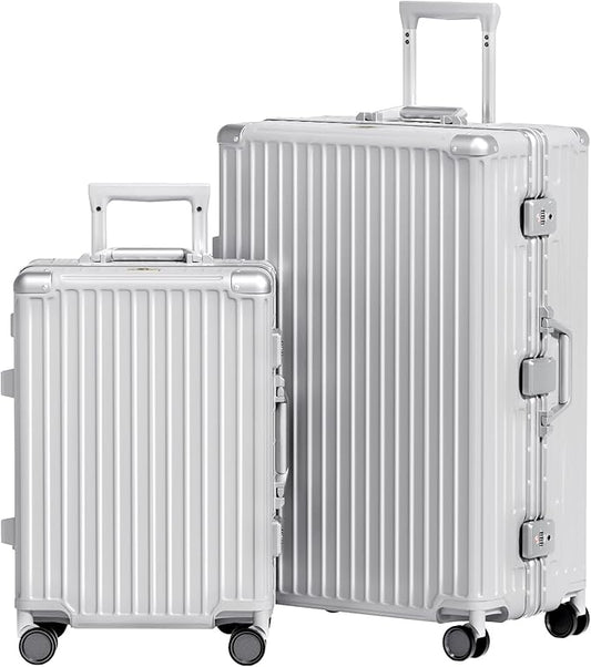 AnyZip Luggage Sets 2 Piece Aluminum Frame Carry On and Checked Suitcase PC ABS Hard Shell TSA Lock No Zipper(Silver, 20/28)