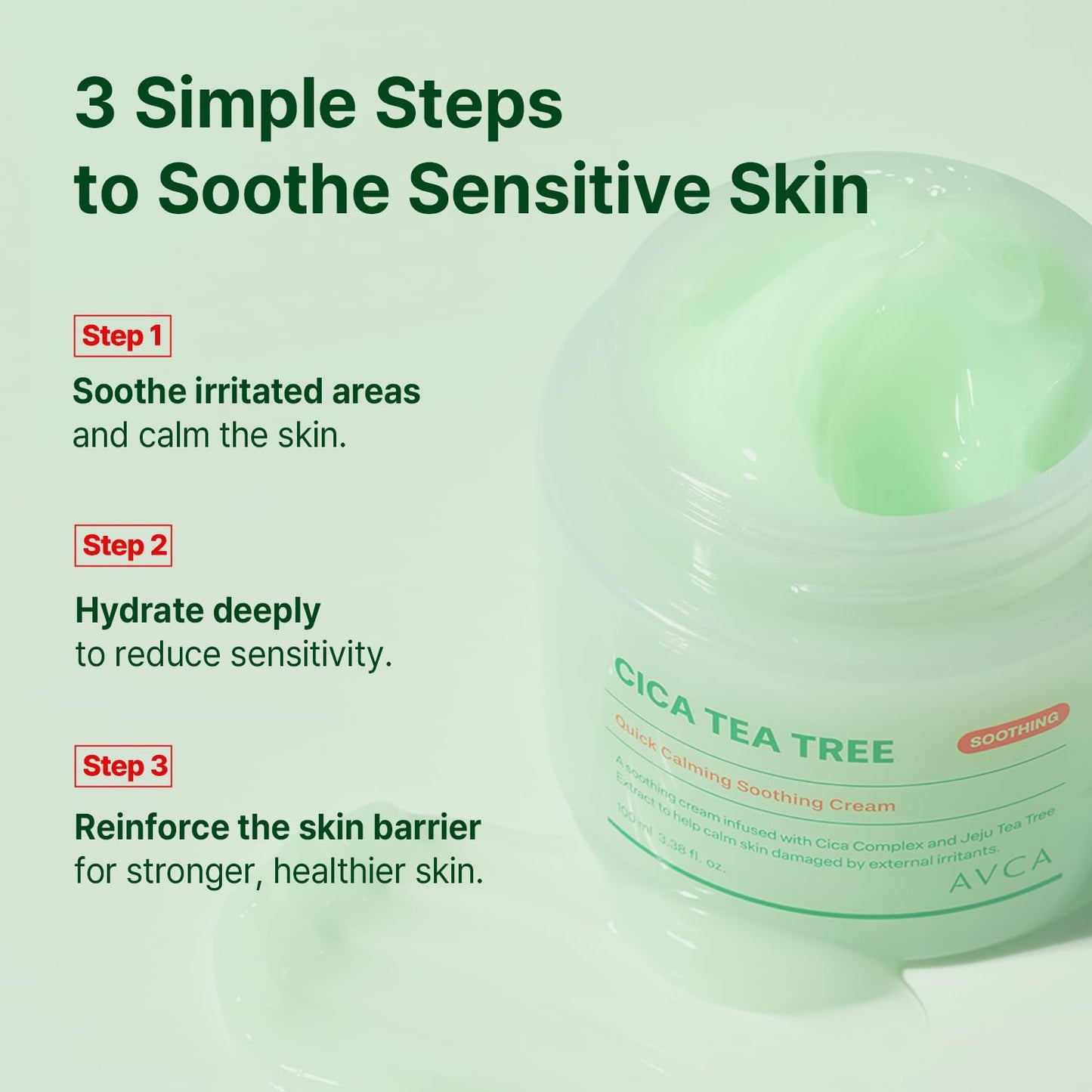 AVCA Quick Calming Cica Tea Tree Facial Cream for Comforted and Refreshed Skin 100ml/3.38Oz