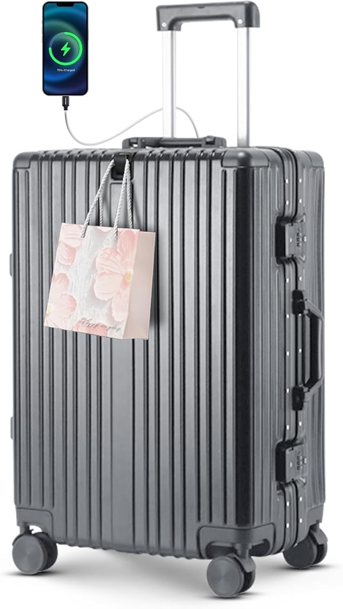 22 inch carry on luggage Durable Suitcase with Cup Phone Holder USB Port Aluminium Frame Carry on Luggage with 8 Double Spinner Wheels TSA Lock Suitcase with Cup Holder Carry On Luggage with USB Port