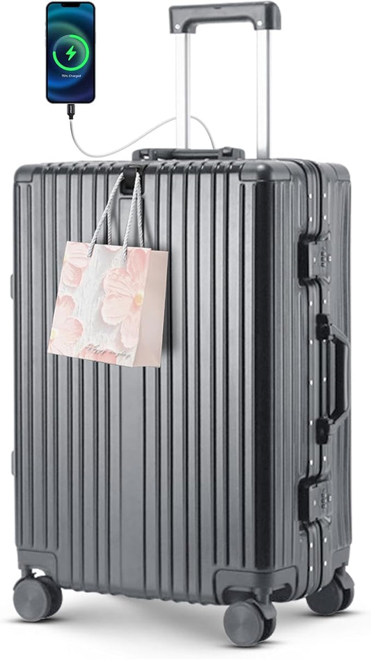 22 inch carry on luggage Durable Suitcase with Cup Phone Holder USB Port Aluminium Frame Carry on Luggage with 8 Double Spinner Wheels TSA Lock Suitcase with Cup Holder Carry On Luggage with USB Port