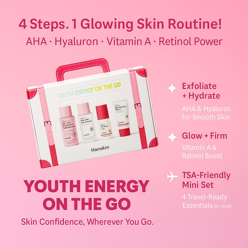 Hanskin Youth Energy On-The-Go Kit – Korean Skincare Travel Set with AHA Toner, Hyaluron Essence, Retinol Serum & Cream | TSA-Friendly Mini Gift Set for Hydration & Radiant Skin