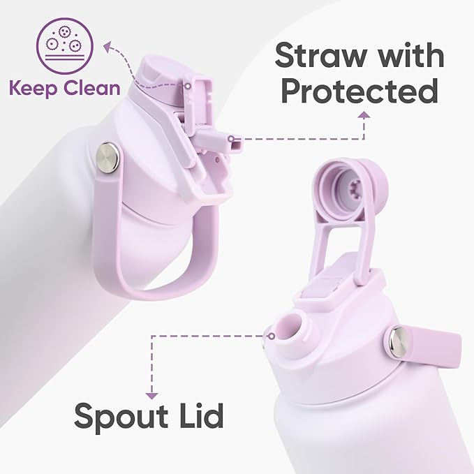32 oz Insulated Water Bottle, 2-in-1 Lid, Straw & Spout with Protected, Leak Proof, Keep Cold, Stainless Steel, Metal, Reusable, Handle, for Outdoor, Gym and School, 2 Lids, Pale Mauve