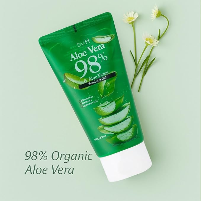 by.H Pure & Organic Aloe Vera Gel for Face - Natural Beauty Moisturizer for Facial Skin - Non-Greasy Primer & Soothing Formula [Made in Korea] (Tube 1Pack)