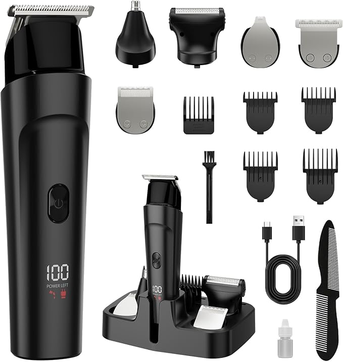 Beard Trimmer for Men 13 Pieces Grooming Kit, Cordless Hair Clippers, Men's Hair Trimmer for Nose Ear Face Mustache & Body Trimmer, Waterproof, with LED Display, Gifts for Men, Black