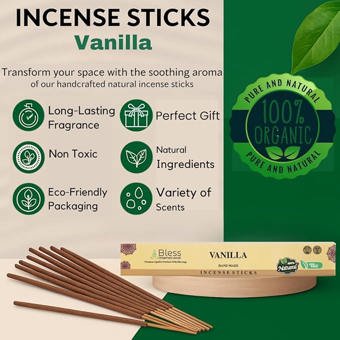 Bless-Vanilla 100%-Natural-Handmade-Hand-Dipped-Incense-Sticks Organic-Chemicals-Charcoal-Free Purification-Relaxation-Positivity-Yoga-Meditation Best-Woods-Scent (25 Sticks (1.4 OZ))