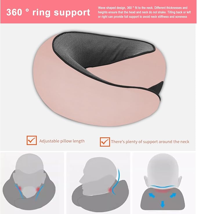 Cloud Sleep Travel Pillow｜360° Adjustable Neck Pillow for Airplane & Office｜NASA Memory Foam｜Free Eye Mask & Earplugs (Pink)