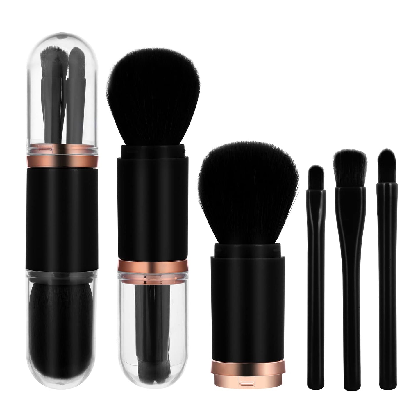 Molain Mini Makeup Brush Set - 4 in 1 Portable Travel Lip, Highlight, Eyeshadow, Foundation Blending Powder Brush Set (Black)