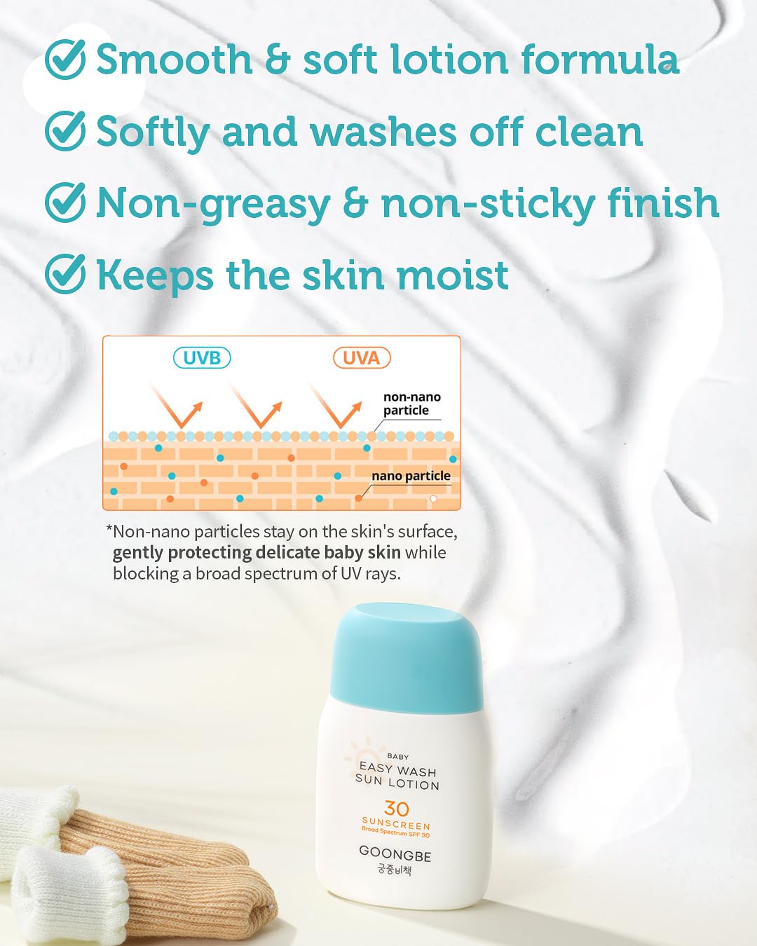 GOONGBE Baby Kids Easy Wash Sun Lotion SPF 30 & Mild Soothing Gel - Zinc Oxide Mineral Sunscreen & After Sun Relief - Korean Skincare for Sensitive Skin - Vegan Hypoallergenic, 2.11oz & 5.07oz