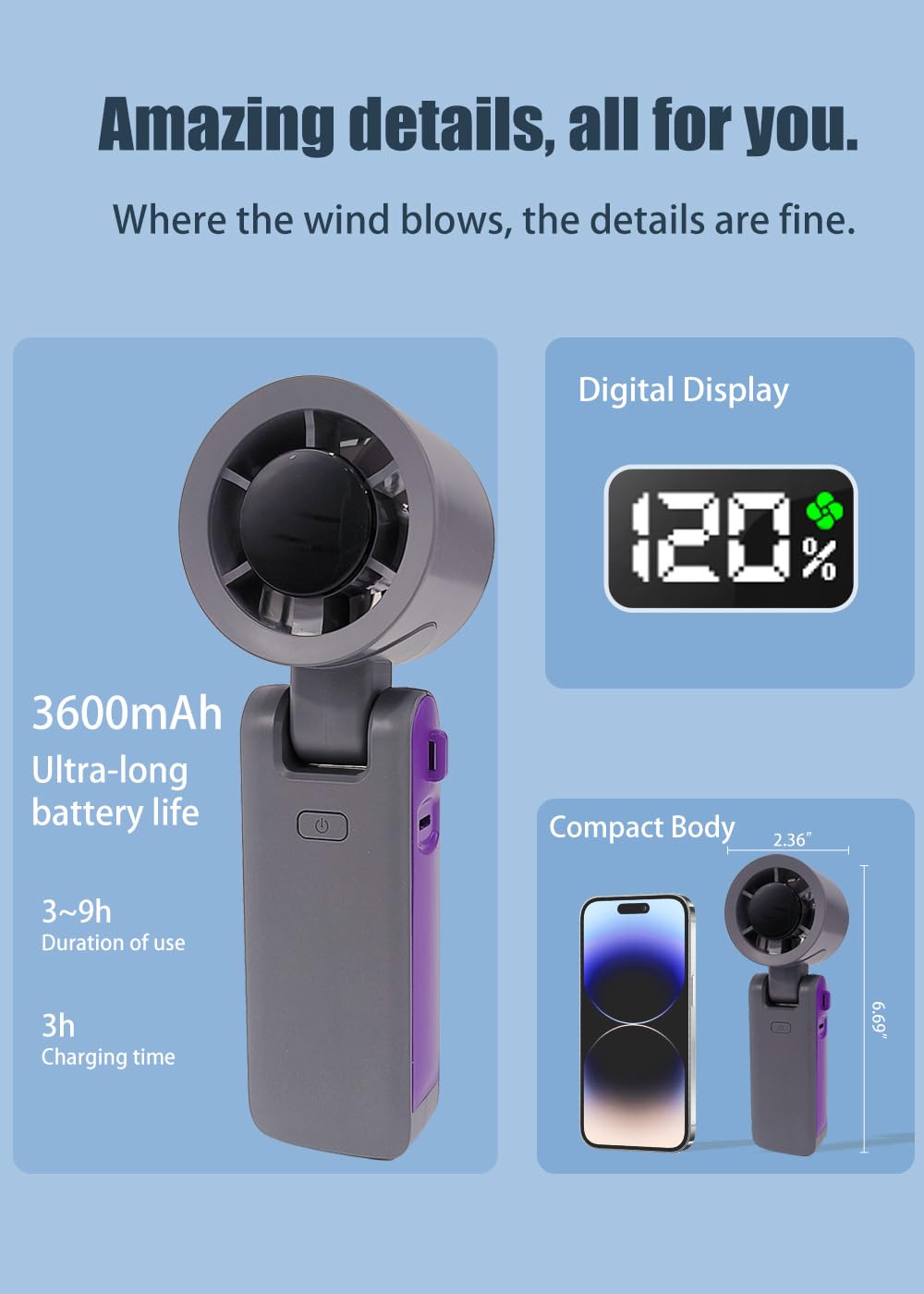 Portable Handheld Fan, Rechargeable Personal Fan, 180° Foldable Mini Desk Fan with 120 Wind Speed, LCD Digital Display, Lanyard as Neck Fan, Powerful Personal Cooling for Travel Indoor Outdoor