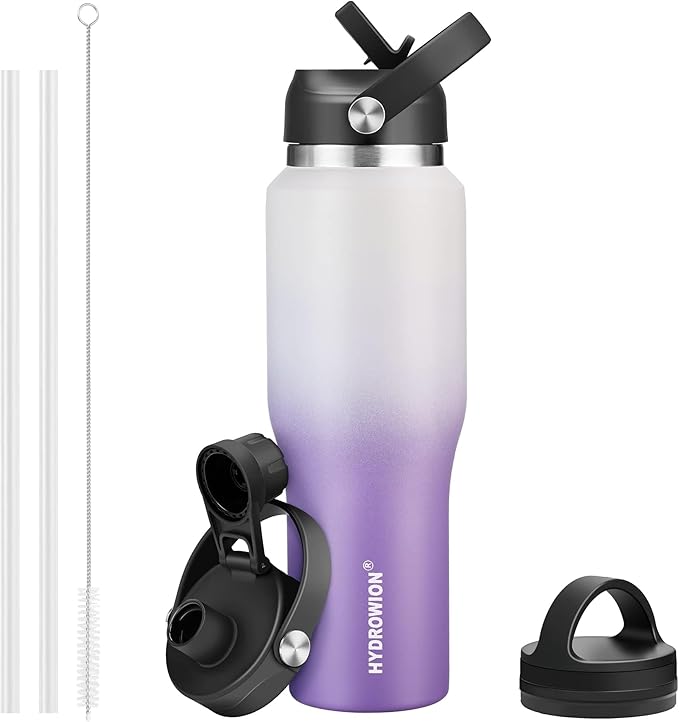 40 oz Insulated Water Bottle with Straw fit in Car Cup Holder(Cold 48 hrs, Hot 24 hrs) Drinking Bottle with Straw Lid, Spout Lid and Flex Cap Leakproof Travel Thermo Mug，White - Purple