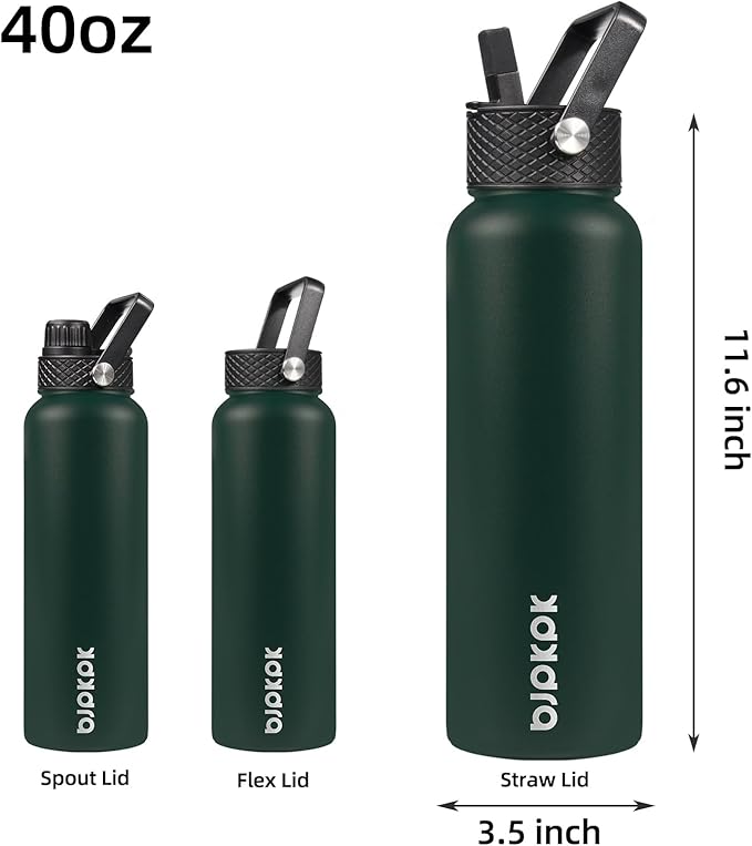 BJPKPK Insulated Water Bottles with Straw Lid, 40oz Stainless Steel Water Bottles with 3 Lids, BPA Free Leakproof Thermo, Tumblers, Cups for Sports, Gym- Army Green