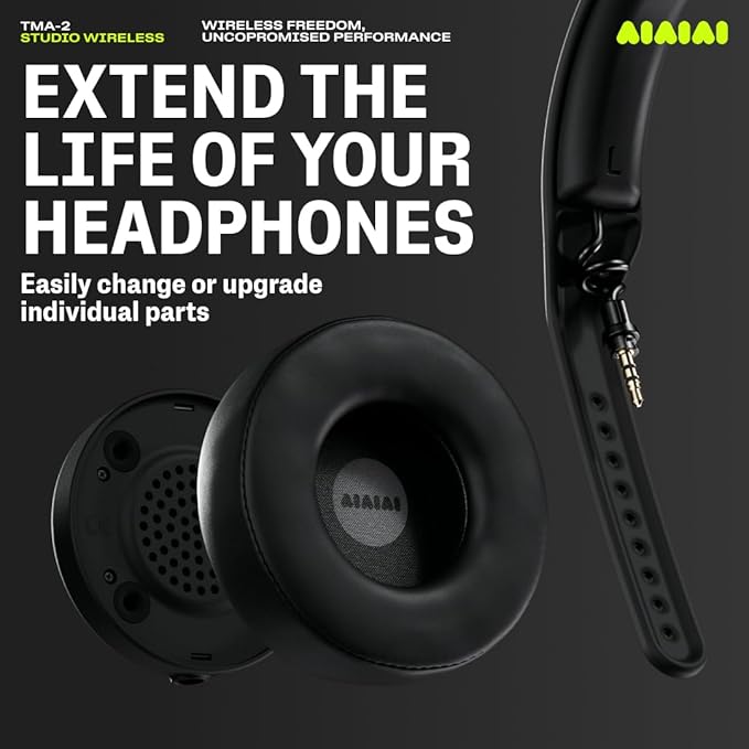 Aiaiai TMA-2 Professional Studio Wireless Headphones, Ultra Low Latency W+ Link, Modular with 40mm Bio-Cellulose Drivers, 20–40H Battery, Memory Foam Ear Pads, and Bluetooth