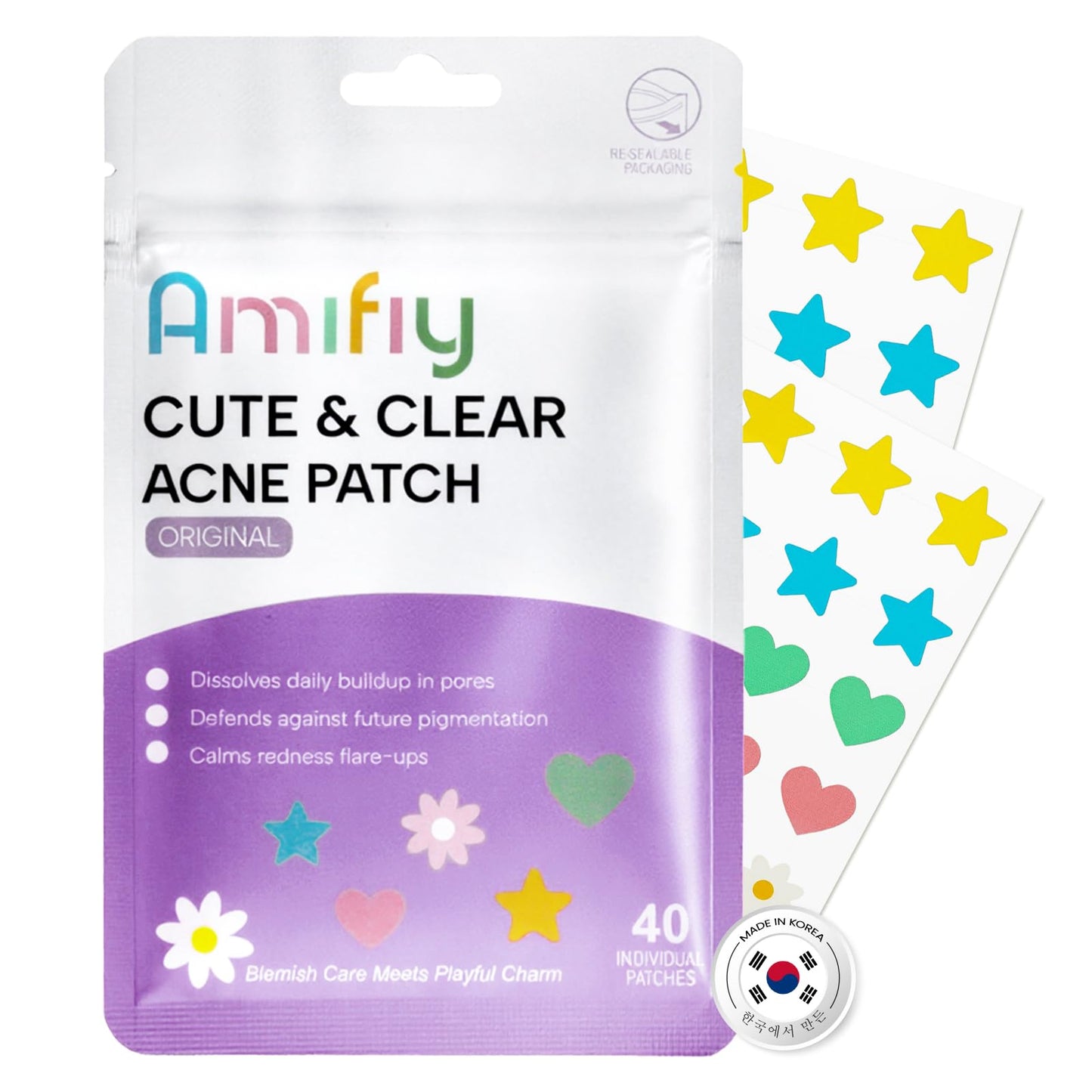 Amifiy Cute Pimple Patches, Korean Skincare Star Acne Patches for Face, Multiple Shapes Oil-Absorbing Zit Dots, Vegan & Cruelty-Free Blemish Treatment with Hydrocolloid & Tea Tree, 40 Count