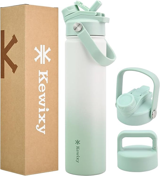 24 oz Insulated Water Bottle, 2-in-1 Lid, Straw & Spout with Protected, Leak Proof, Keep Cold, Stainless Steel, Metal, Reusable, Handle, for Travel, Gym and School, 2 Lids, Iced Mint