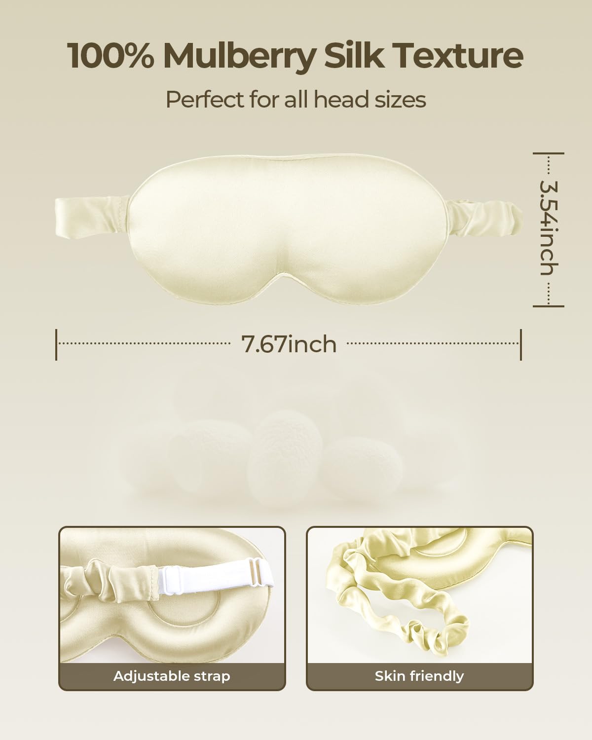 SGMSILK 100% Pure Mulberry Silk Sleep Mask, 3D Contoured Cup Eye Mask for Sleeping, 22 Momme Super Soft Breathable Blindfold, Adjustable Blackout Travel Silk Eye Cover Ivory
