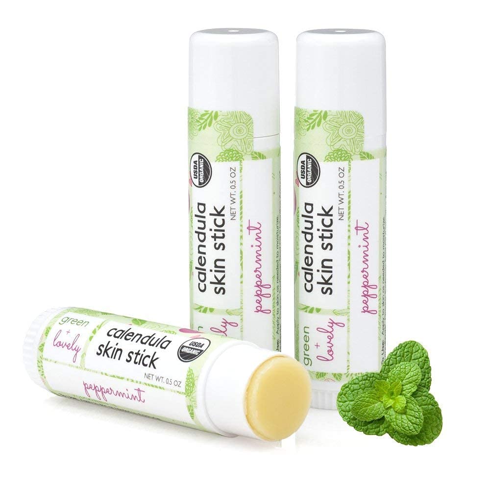 Green + Lovely Calendula Skin Stick Organic Lotion Sticks Moisturizing Balm Ointment Salve Multipurpose Hand Cream Body Bar, 0.5 oz., Minty Peppermint (1 Tube)