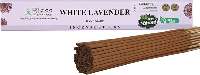 Bless-White-Lavender 100%-Natural-Handmade-Hand-Dipped-Incense Organic-Chemicals-Charcoal-Free Purification-Relaxation-Positivity-Yoga-Meditation Best-Woods-Scent (25 Sticks (1.4 OZ))