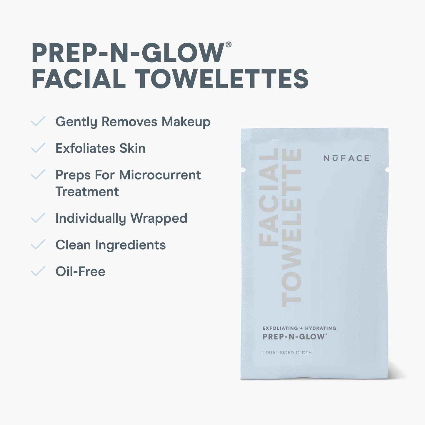 NuFACE Prep-N-Glow Facial Towelettes - 2-in-1 Exfoliating + Cleansing Makeup Remover Wipes, Hyaluronic Acid Travel Face Wipes to Hydrate & Brighten for Glowing Skin - 5 Individually Wrapped Cloths