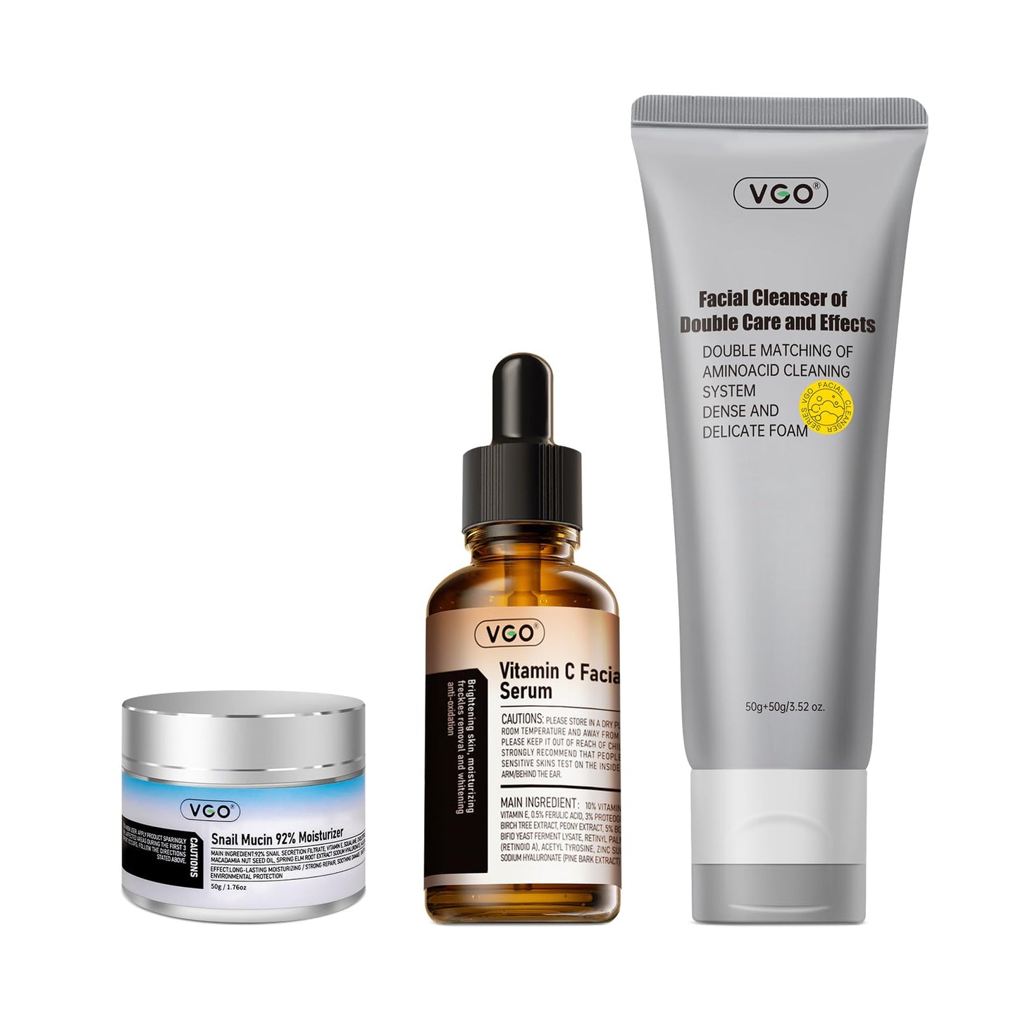 VGO Skin Care Set, with Snail Mucin 92% Moisturizer 1.76 Oz, Vitamin C Serum 1.01 Oz & Dual-Tube Facial Cleanser 3.52 Oz, 3 Step Facial Skin Care Kit