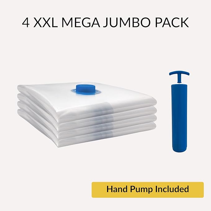 4 Mega Jumbo XXL Vacuum Storage Bags with Pump (47x35in), Supersized Compression Space Saver for Comforter, duvet, Bedding, Blanket storage, Vacuum Seal Bags for Clothing, Stuffed Toy, Cushions
