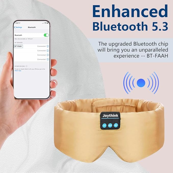 Joythink Sleep Headphones Bluetooth Sleep Mask Silk Headband Earphones Bluetooth Eye Mask for Sleeping On Side Blackout Soft Sleep Earphones Kids Children Music Eye Cover Champagne Gold