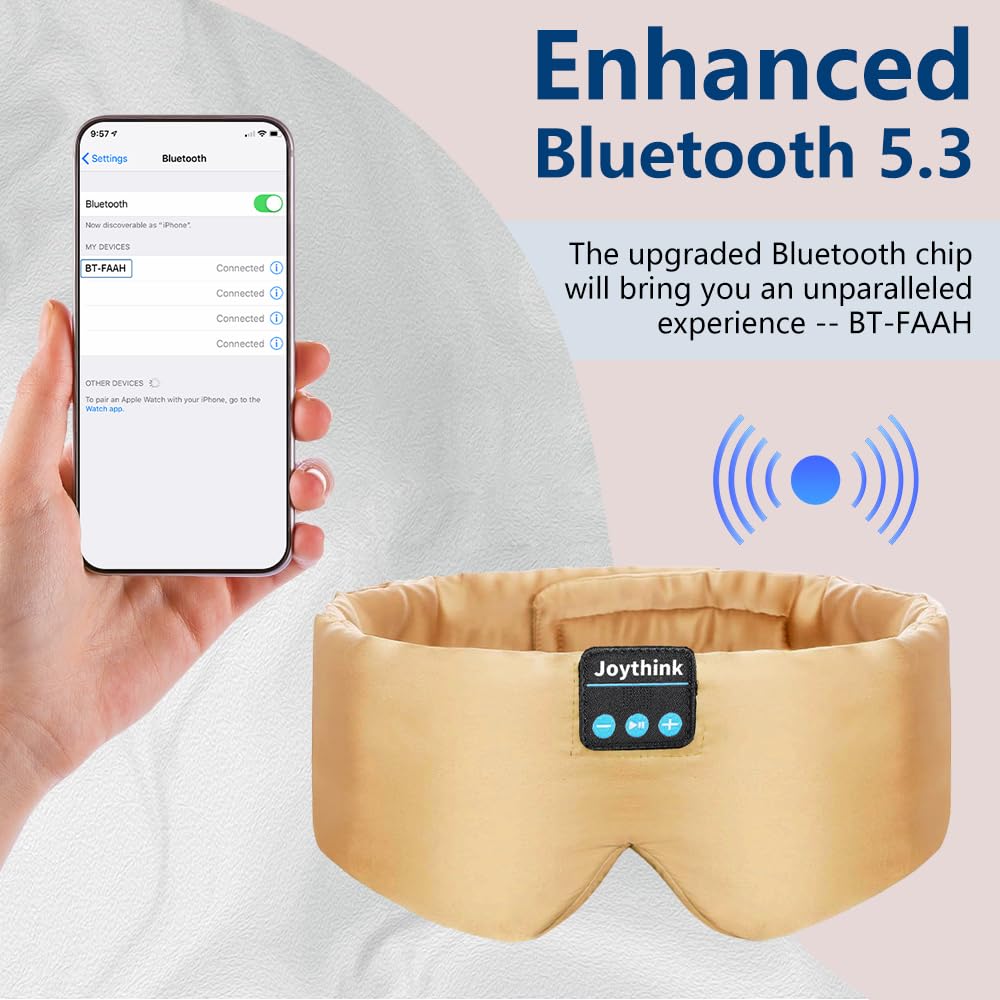 Joythink Sleep Headphones Bluetooth Sleep Mask Silk Headband Earphones Bluetooth Eye Mask for Sleeping On Side Blackout Soft Sleep Earphones Kids Children Music Eye Cover Champagne Gold