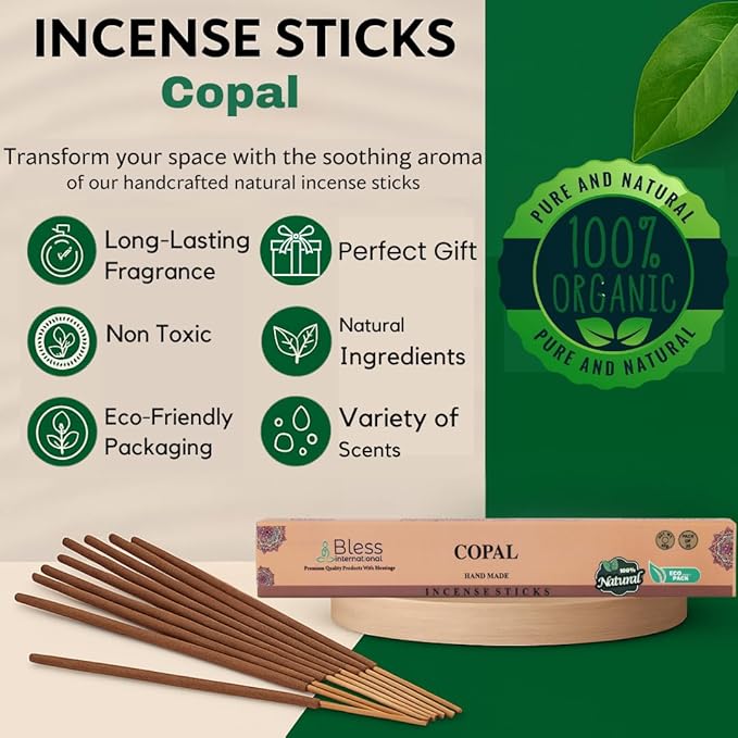 Bless-Copal 100%-Natural-Handmade-Hand-Dipped-Incense-Sticks Organic-Chemicals-Charcoal-Free Purification-Relaxation-Positivity-Yoga-Meditation Best-Woods-Scent (100 Sticks(5.25 OZ))