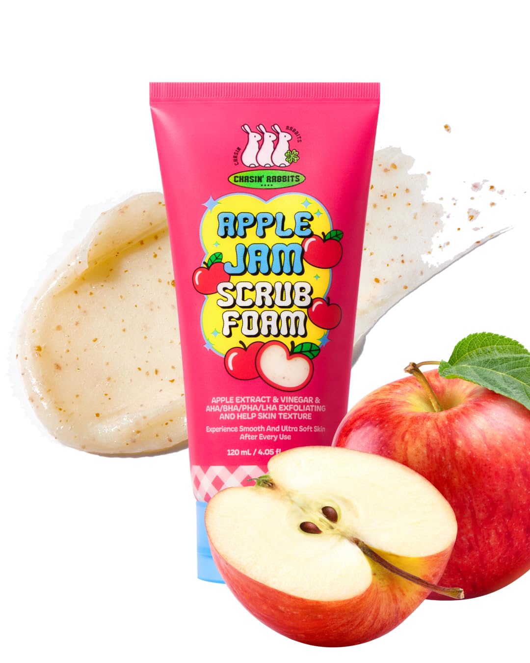 CHASIN' RABBITS Apple Jam Scrub Foam 4.05 Fl Oz, Exfoliating & Hydrating Cleanser with Triple Scrub Particles, pH-Balanced, Apple-Infused Face Wash for Smooth & Radiant Skin, Korean Skincare