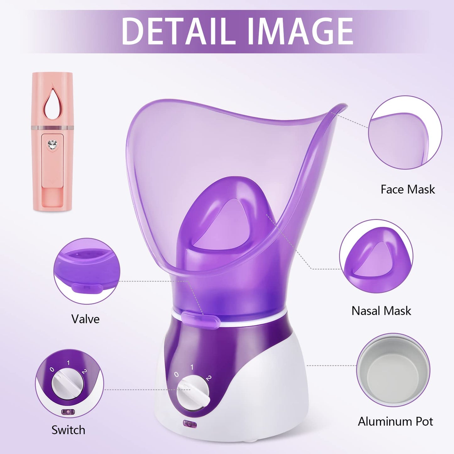 Crybeno Facial Steamer - Nano Ionic Face Steamer for Deep Cleaning, Hot Mist Face Humidifier Set for Women & Men, Moisturizing Cleansing Pores with Blackhead Remover Kit, Purple