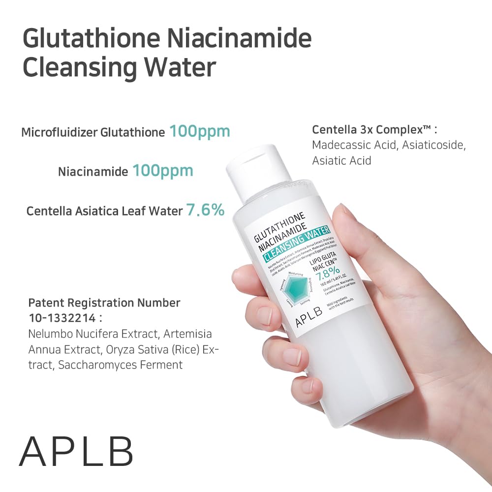 APLB Glutathione Niacinamide Cleansing Water | LIPO GLUTA NIAC CEN™ 7.8% 5.41 FL.OZ/Korean Skincare, Makeup remover for sensitive skin, Deep Hydration, Pore care