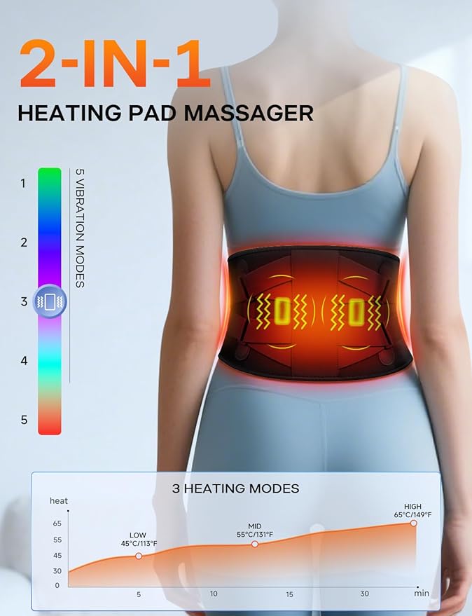 ALLJOY 67" Cordless Heating Pad for Back Pain Relief FSA Eligible, Birthday Gifts for Women Men Mom Dad, Portable Lower Back Massager with 3 Heat 5 Vibration, Wireless Heating Pad for Cramps