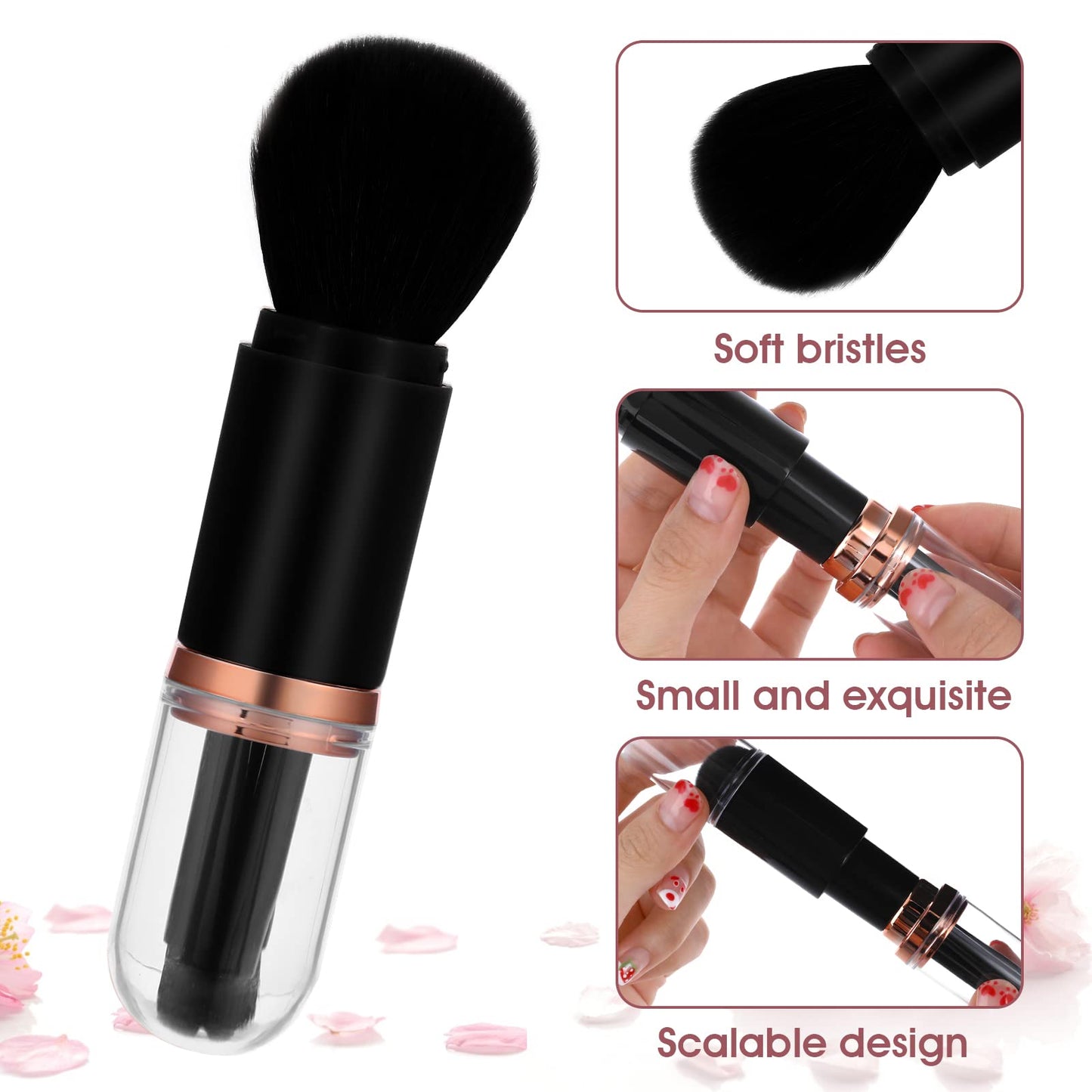 Molain Mini Makeup Brush Set - 4 in 1 Portable Travel Lip, Highlight, Eyeshadow, Foundation Blending Powder Brush Set (Black)