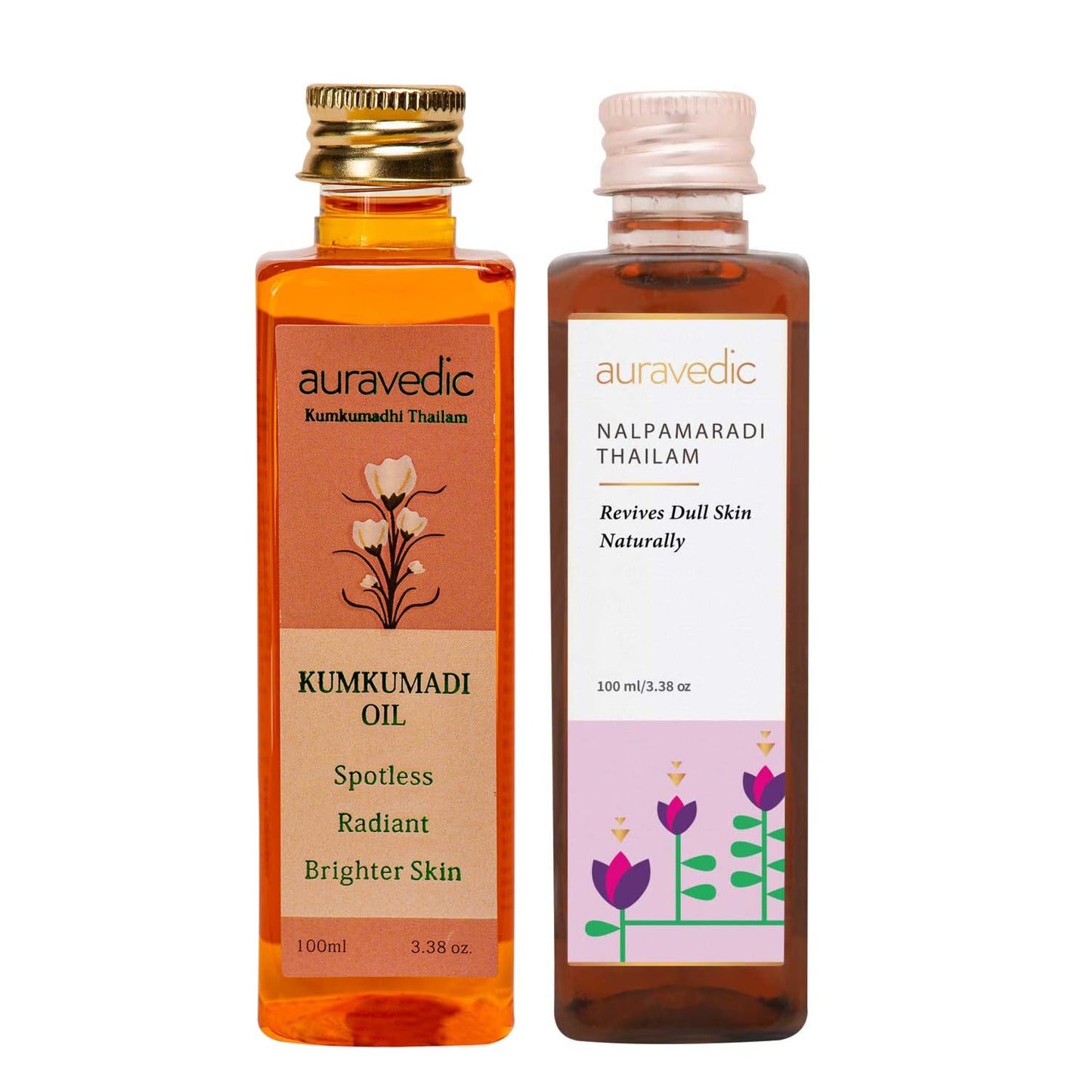 Auravedic Kumkumadi & Nalpamaradi Thailam Combo | Face & Body Oil with Ayurvedic Botanicals | Helps Improve Skin Texture & Tone | Daily Use Massage Oil | 3.38 Fl Oz (Pack of 2)