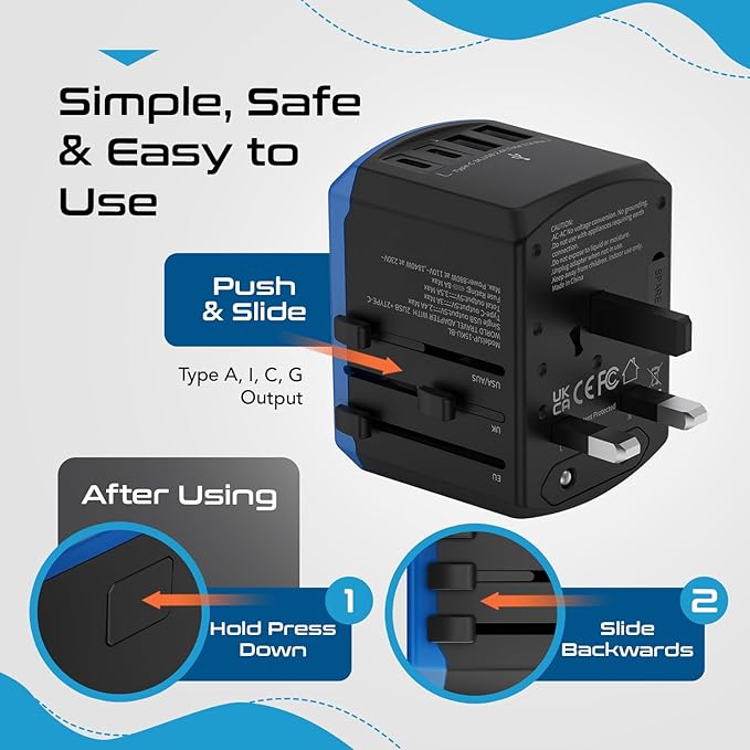 Ceptics Universal Travel Adapter, 5 in 1 Universal Laptop Charger with 2X USB-A & USB-C 3.5A for Mobiles, Laptops, Cameras US, UK, EU, AU, All in 1 Type A, C, G, I Output,