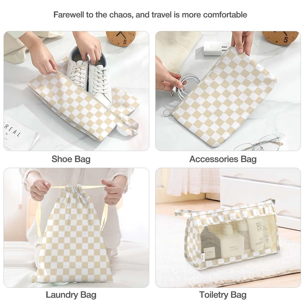 8 Set Packing Cubes for Suitcases,Packing Cube with Shoe, Cosmetics, Clothing, and Accessories Bags Packing Cubes for Travel Luggage Organizer Women Men(Khaki Checkered)