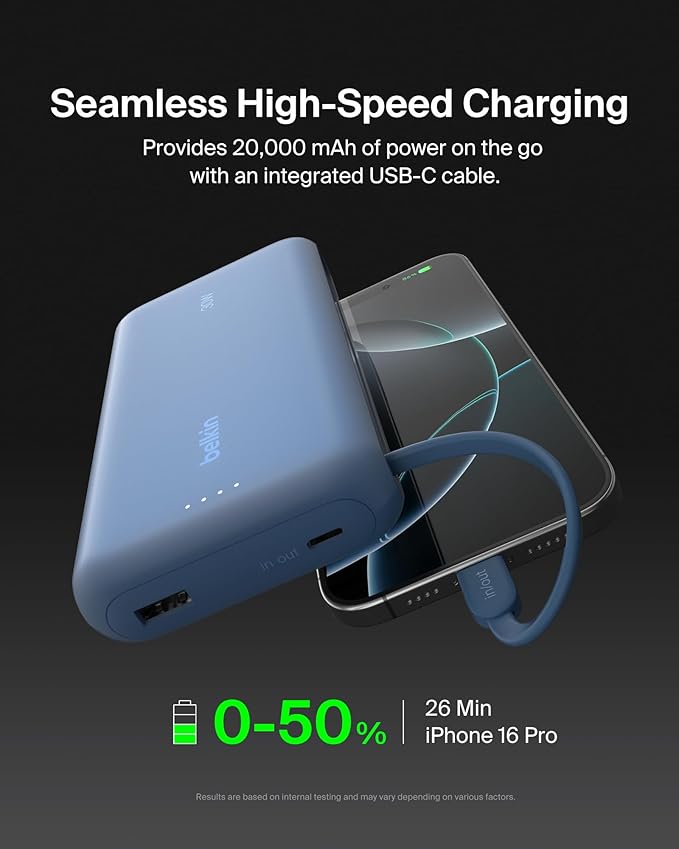 Belkin Portable Charger, Power Bank with Integrated Cable 20000 mAh 30W - Fast Charging USB C Power Delivery, iPhone Charger - iPhone 17, Air, Pro, Pro Max, iPad, Galaxy S25, & More - Blue