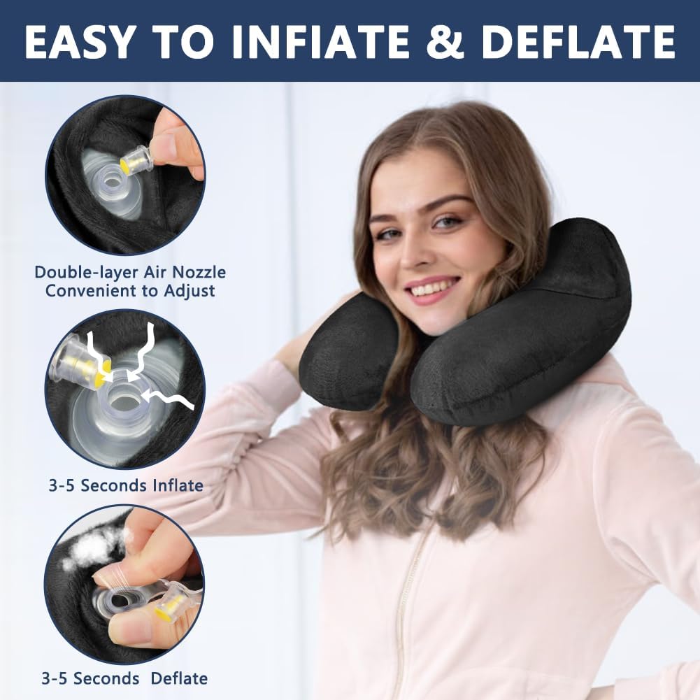 flintronic Inflatable Travel Pillow, Inflatable Travel Pillow for Airplane, Soft Velvet Neck Support, Lightweight Ergonomic Sleeping Neck Pillow for Airplane, Train, Car, Office (Black)