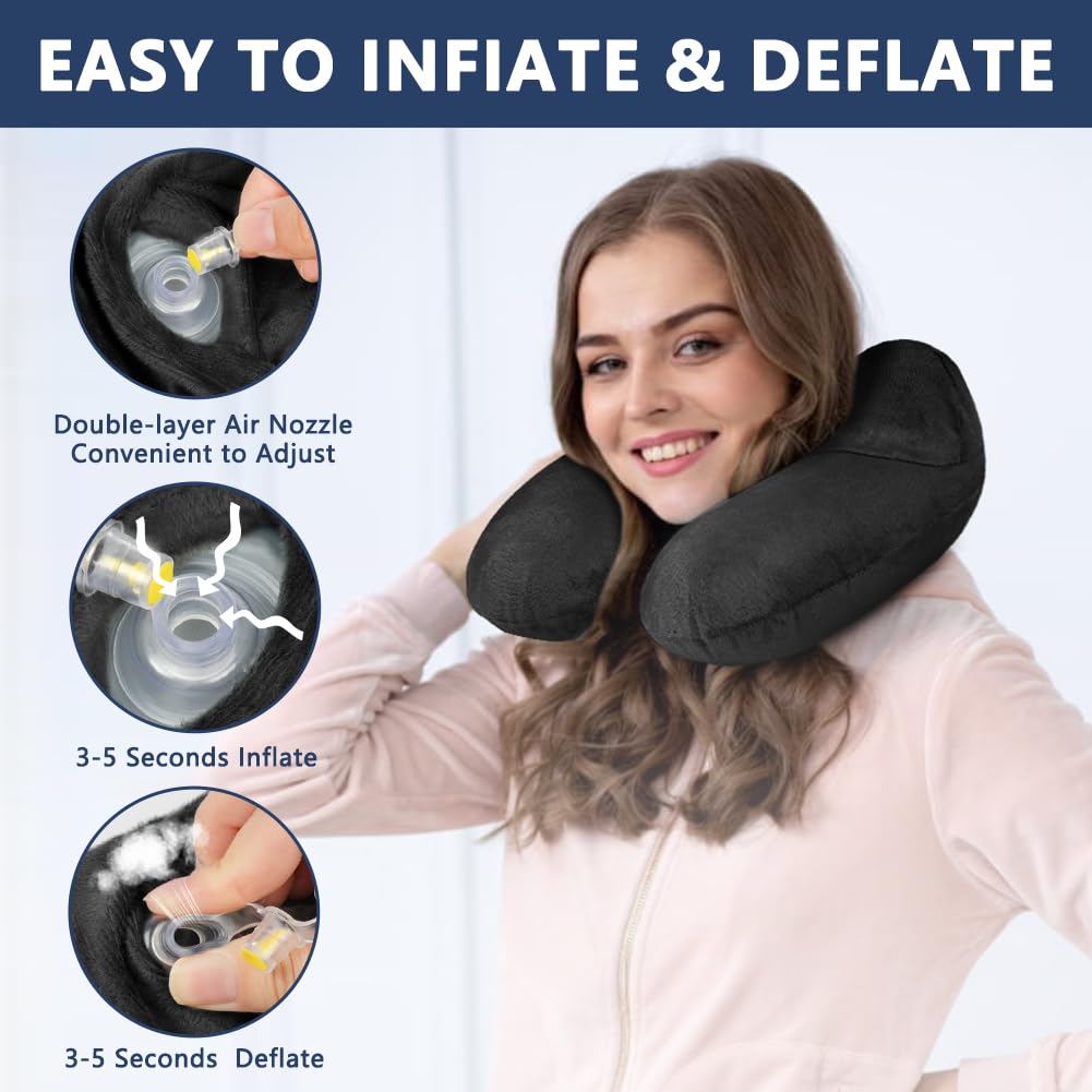 flintronic Inflatable Travel Pillow, Inflatable Travel Pillow for Airplane, Soft Velvet Neck Support, Lightweight Ergonomic Sleeping Neck Pillow for Airplane, Train, Car, Office (Black)