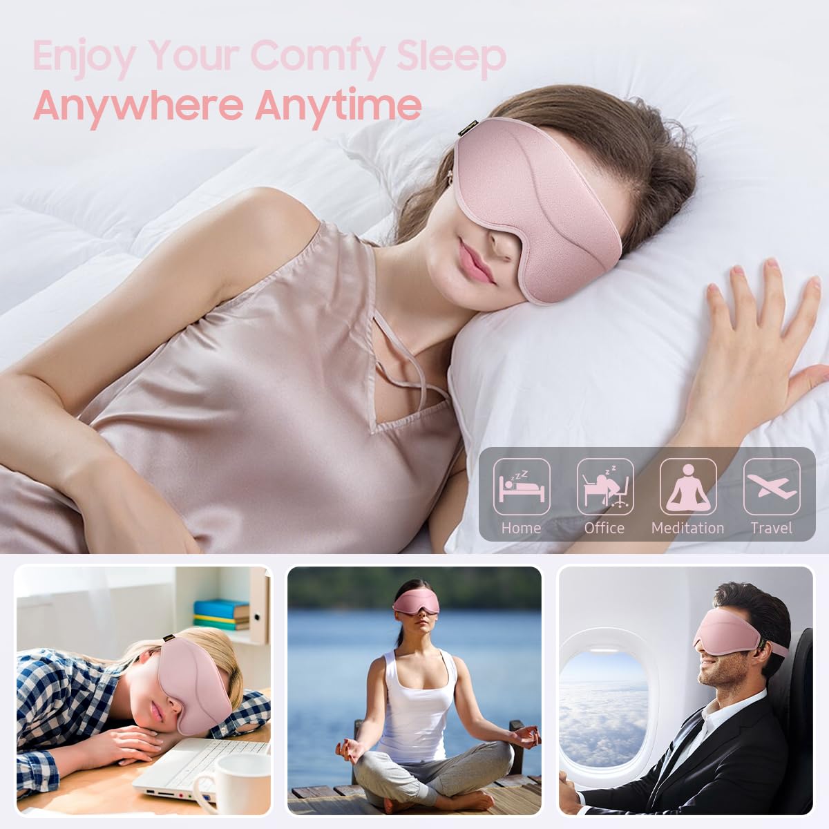 BeHoomi Sleep Mask, Premium Eye Mask for Sleeping, Total Blackout, Super Soft Comfort, Adjustable Fit, Upgraded 3D Ergonomic Designed Sleeping Mask for Home, Office, Travel, Meditation, Yoga, Pink