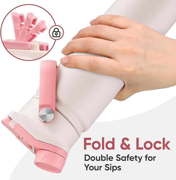 24 oz Insulated Water Bottle, 2-in-1 Lid, Straw & Spout with Protected, Leak Proof, Keep Cold, Stainless Steel, Metal, Reusable, Handle, for Travel, Gym and School, 2 Lids, Pale Pink