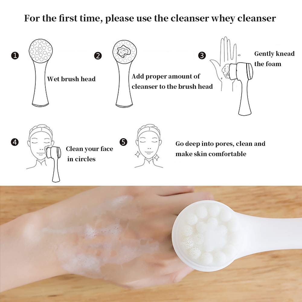 3D Stand Vertical Silicone Facial Wash Brush, Double Sides Face Brush, 2 in 1 Facial Cleansing Brush Manual Dual-action Face Brush for Acne, Clogged Enlarged Pores Sensitive Delicate, Dry Skins (Pink)