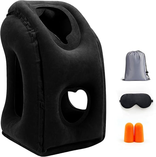 Inflatable Travel Pillow for Airplanes, Airplane Pillow for Supports Neck, Used for Planes, Trains, Cars, Includes Storage Bag, Eye Mask & Earplugs (Black)