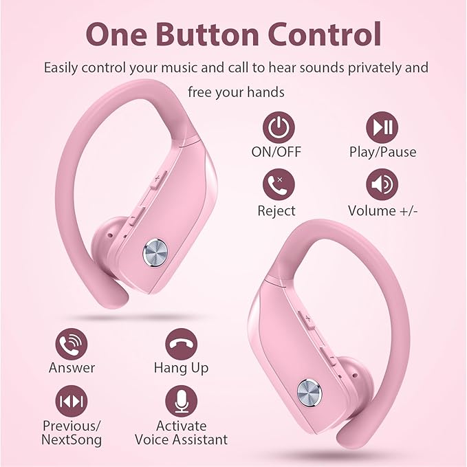bmanl Wireless Earbuds Bluetooth Headphones 48hrs Play Back Sport Earphones with LED Display Over-Ear Buds with Earhooks Built-in Mic Headset for Workout Pink
