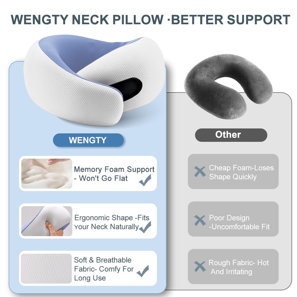 Travel Pillows for Airplanes,Memory Foam Neck Pillow for Traveling,Smooth & Cooling Fabric Plane Pillow for Long Flight,Ideal for Travels,Airplanes,Offices,Cars,Trains (Blue, Standard-Broad Fit)