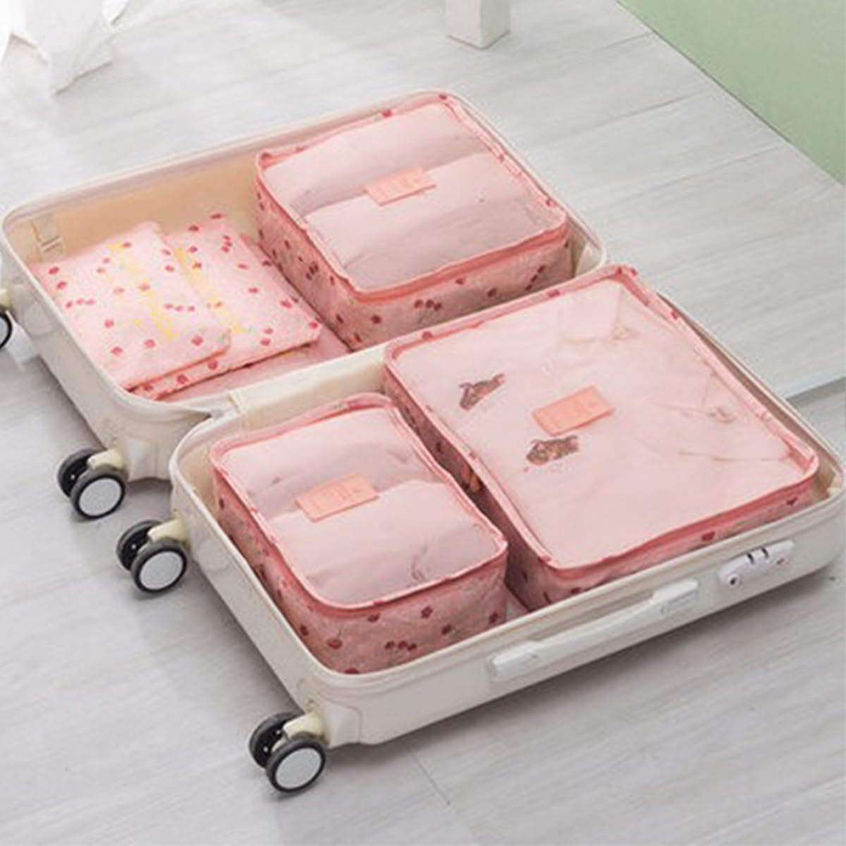 Laebevon 6 PCS Packing Cubes Multi-functional Clothing Sorting Packages Travel Carry On Luggage Organizers Storage Bags Travel Packing Pouches, Pink Cherry