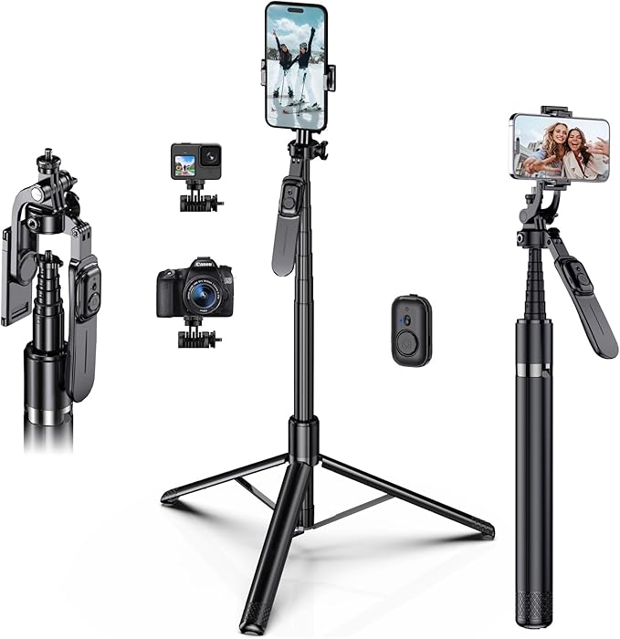 80" Extra Tall Tripod for iPhone with Remote, 360° Rotating All-in-1 Extendable Selfie Stick for iPhone, Phone Tripod Stand for Video Recording, Compatible with Android, Camera, GoPro