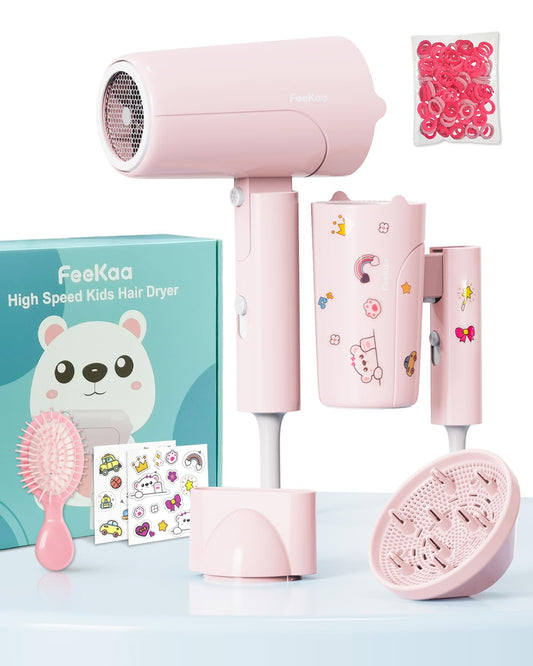 FeeKaa Foldable High Speed Kids Hair Dryer 100 Million Negative Ions, Mini Ionic Travel Kids Blow Dryer with Diffuser Concentrator Detangler Brush Hair Ties Cute Stickers, Compact, Lightweight, Quiet