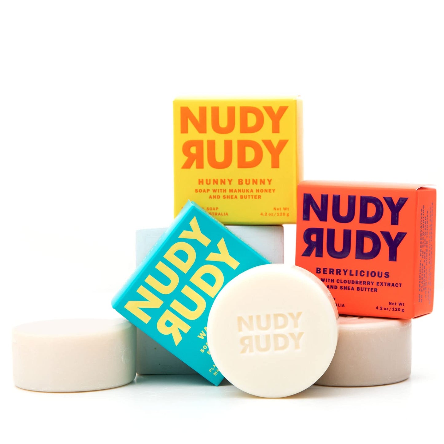 Nudy Rudy FOMO Bundle Bar Soap Pucks, Includes Hunny Bunny, Wasabi Pear, Berrylicious, Made with Organic Shea Butter, Pure Plant Oils, Triple Milled Bars, All Skin Types, 4.2 oz Each - Pack of 3