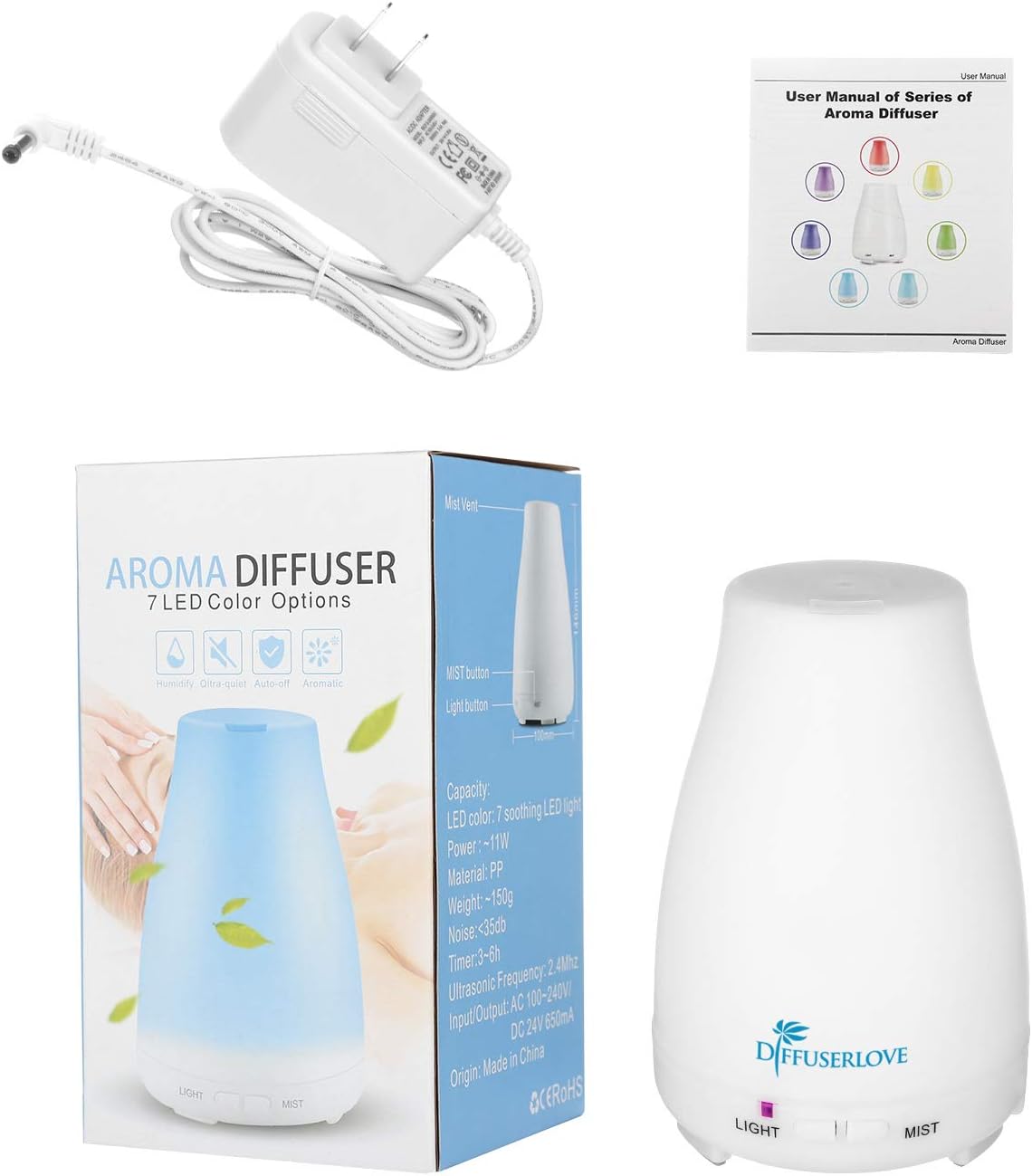 Diffuserlove Essential Oil Diffusers 200ML Remote Control Ultrasonic Mist Humidifiers BPA-Free Aromatherapy Diffuser with 7 Color Lights, Auto Shut-Off for Bedroom Office Kitchen